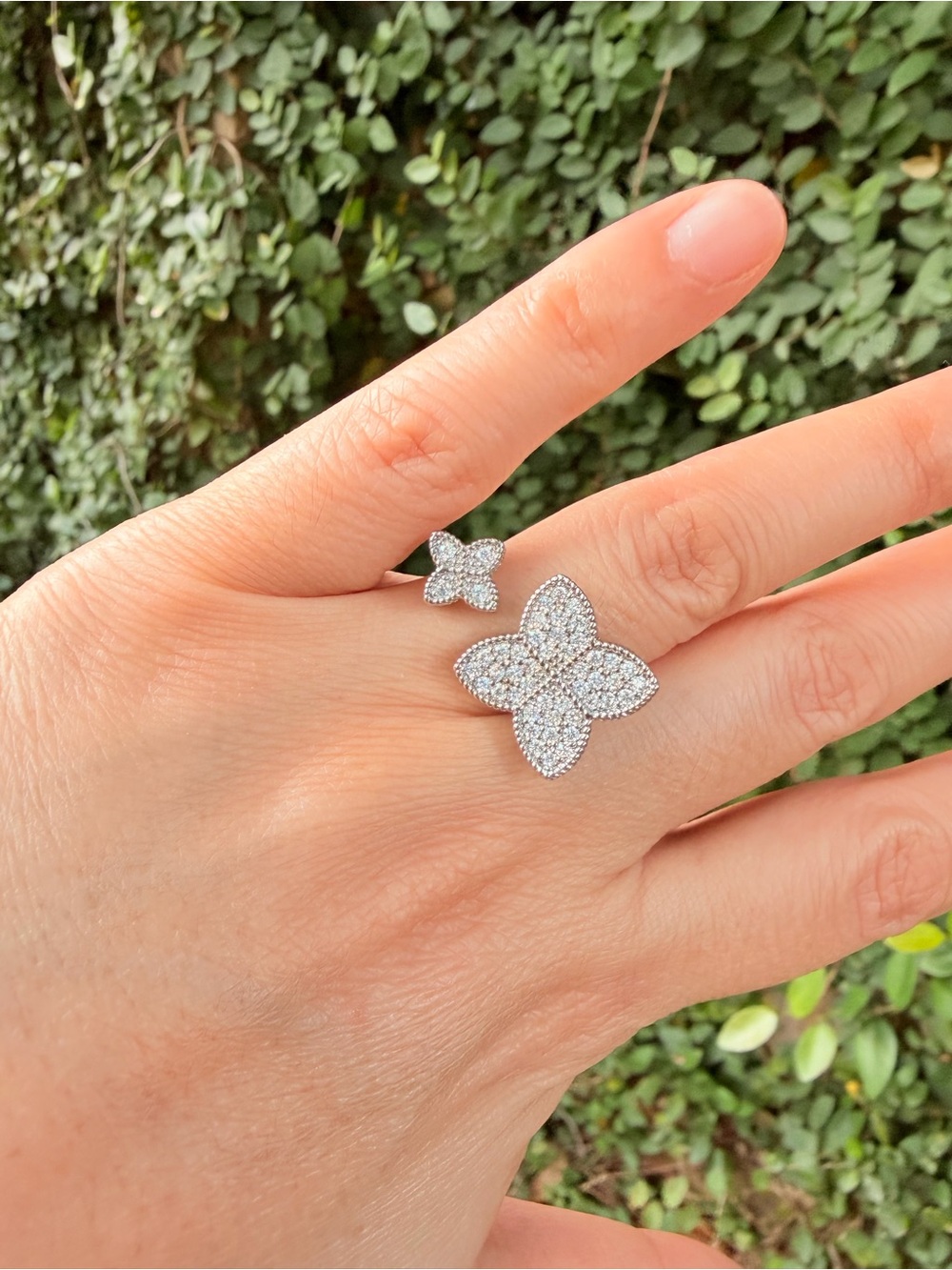 Adjustable Pavรฉ Clover Ring | Sparkly Statement | Silver Tone - Picture 7 of 11